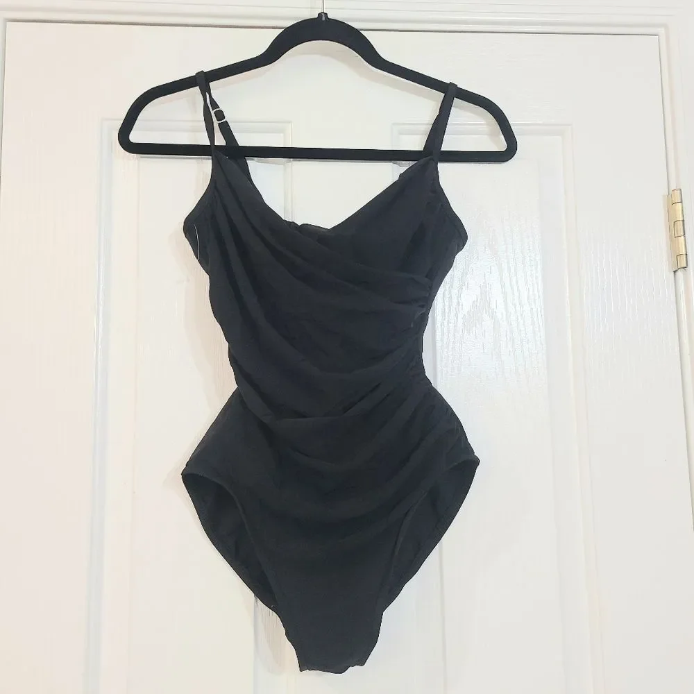 Miraclesuit Shirred Black Wired Built in Bar One Piece Swimsuit Size 12